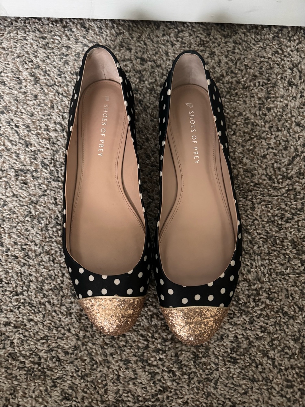 Shoes of Prey Black Polka Dot Flats with Gold Glitter Cap Toe